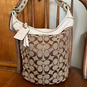 Coach Signature Khaki and Brown/Ivory Bucket Adjustable Purse Bag